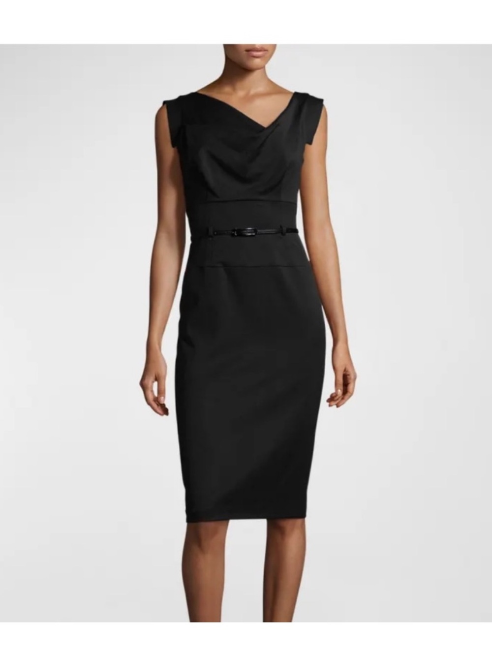 Black Halo Jackie O belted sheath dress black stretch office classic small